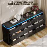 9 Drawer Dresser for Bedroom, 63" Long Black Chest of Drawers with Charging Station & LED Lights, Curved Anti-Collision Design,Wooden Closet Storage Cabinet,Modern Dresser TV Stand with Deep Drawers Gyfimoie