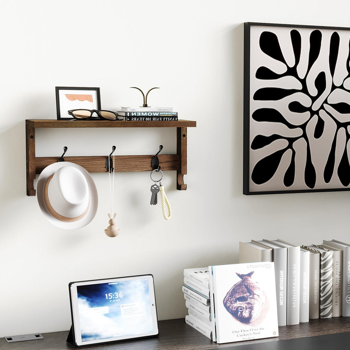 VERTORGAN Wall Hooks with Shelf, Coat Hooks Wood Coat Rack Wall-Mounted, Wall Hooks for Entryway, Living Room, Bathroom (Brown) VERTORGAN