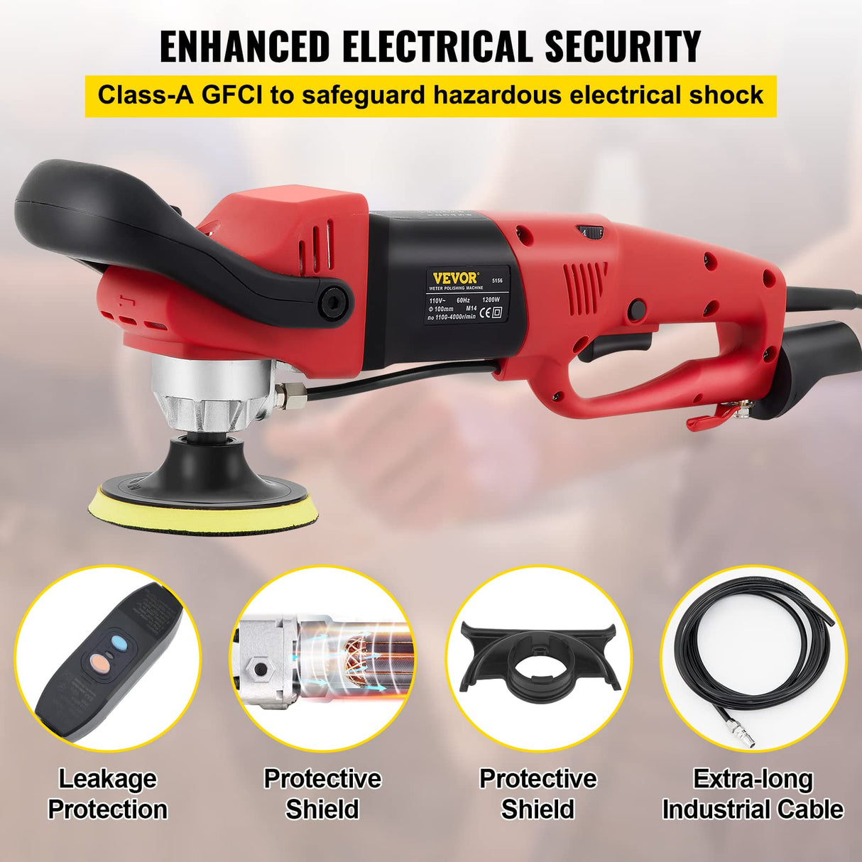 VEVOR Wet Polisher Grinder, Variable Speed 4" & 5" Diamond Polishing Pads, Buffing Machine with 78.7" Water Pipe Adapter & Splash Shield, Electronic Concrete Stone for Title Floor Countertop CE VEVOR