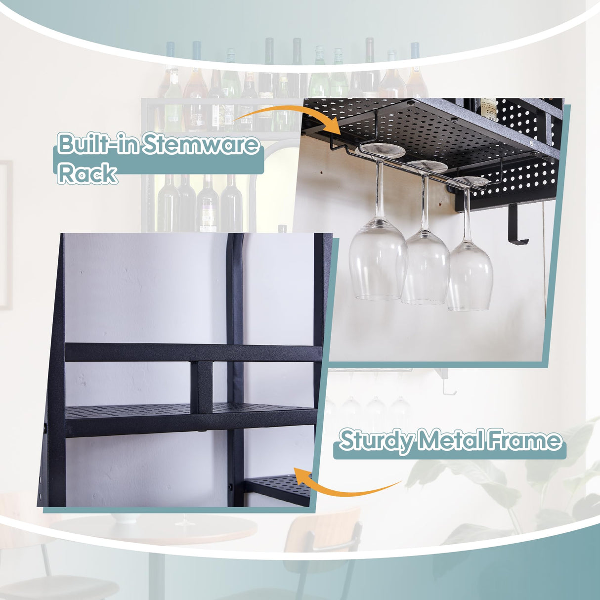 39in Wine Rack Wall Mounted with Led Light, 3-Tiers Black Bar Shelf Wall Mounted, Liquor Bottle Display Shelf, Wall Wine Rack for Kitchen Bar Dining Rooms Decoration BGGFNZ