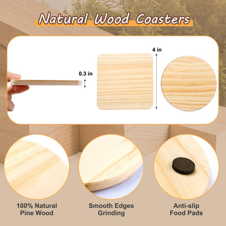 36 Pcs Unfinished Wood Coasters for Crafts,Cymuber 4 Inch Blank Wooden Coasters,Blank Coaster with Non Slip Pad for DIY Stained Painting Wood Engraving Wedding Halloween Christmas Home Decoration Cymuber
