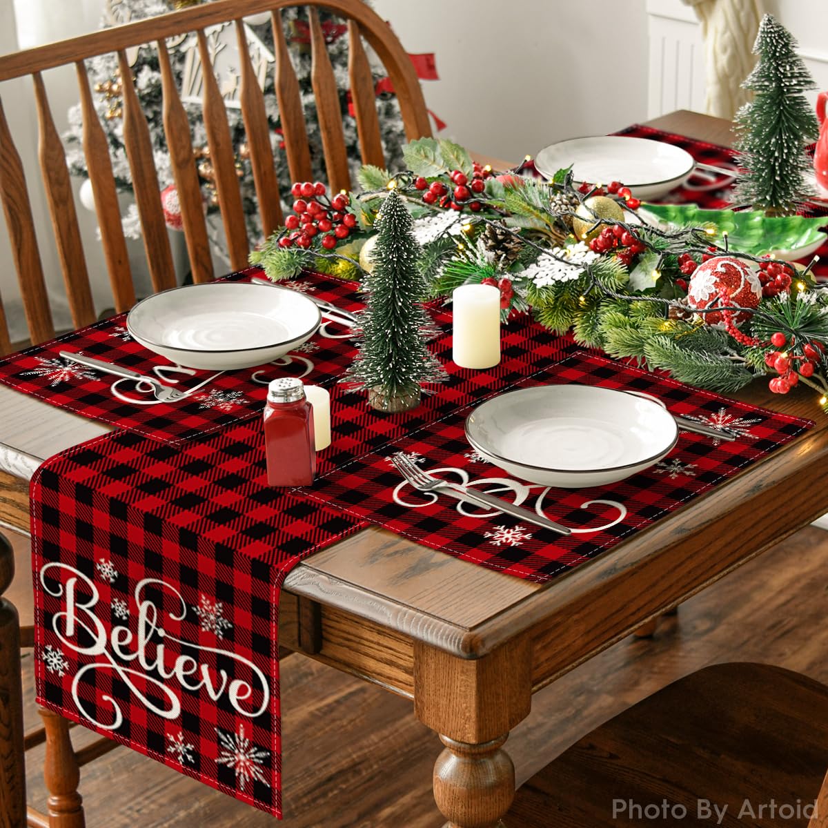 Artoid Mode Christmas Believe Buffalo Check Plaid Placemat for Dining Table, 12 x 18 Inch Winter Holiday Rustic Washable Table Mat Set of 4 Artoid Mode