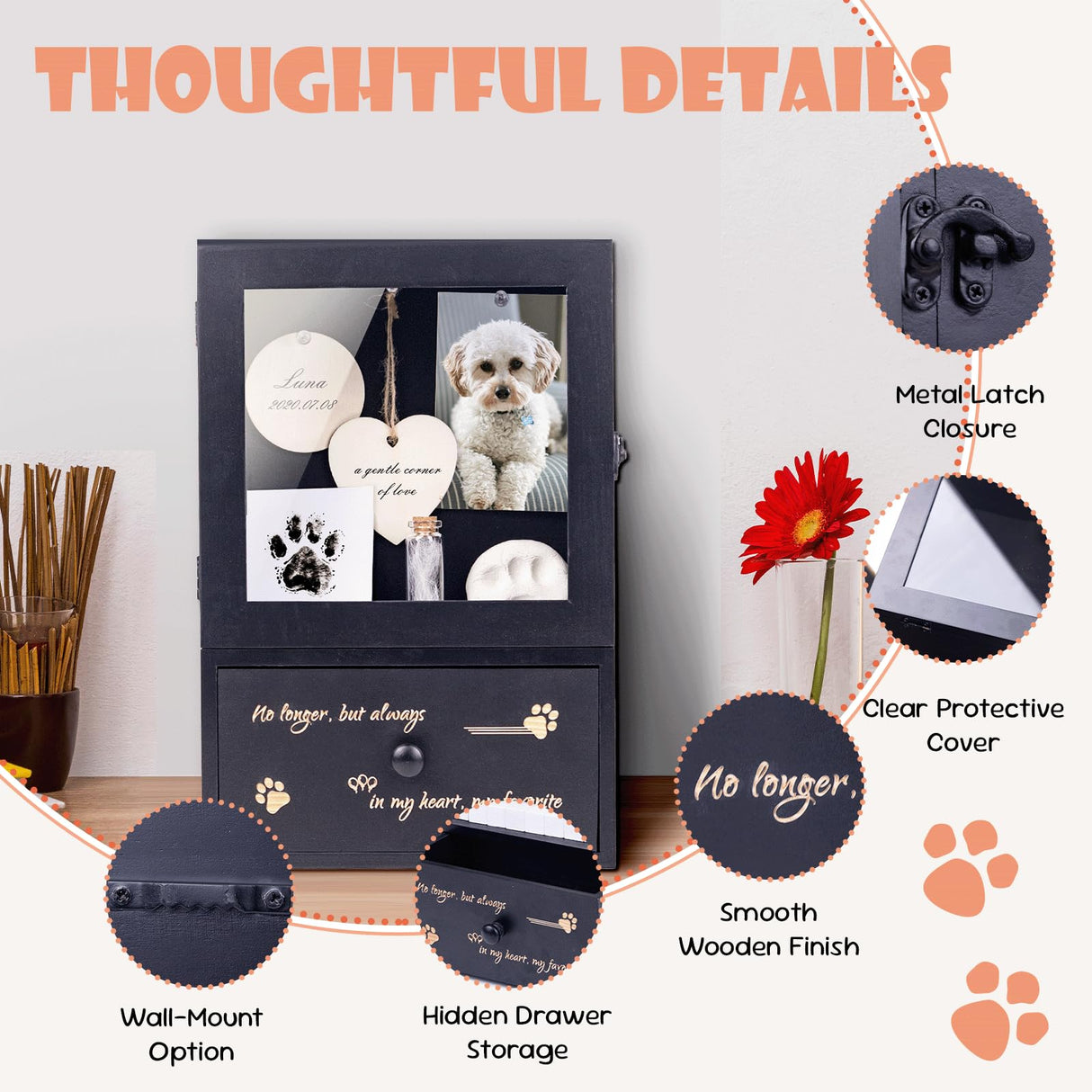 Pet Memorial Shadow Box 9"x13.4" with Deep Drawer, Keepsake Kit and Paw Print Set – Sympathy Display Frame for Dog & Cat in Loving Memory DigNew
