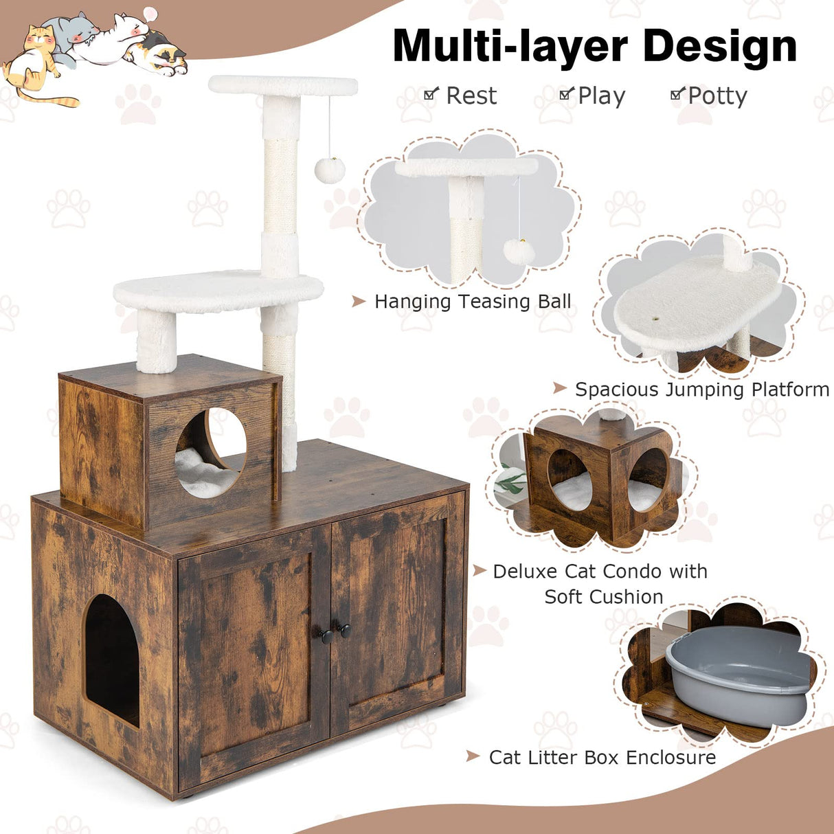 Tangkula 2-in-1 Litter Box Enclosure With Cat Tree Tower, Hidden Washroom With Condo, Plush Perch, Scratching Posts, Furniture With Divider for Indoor Cats (Rustic Brown) Tangkula