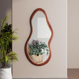 osemy 48"x 24" LED Wood Full Length Mirror with Lights Irregular Wavy Full Body Mirror Shatter-Proof Hanging/Leaning Wall Mounted Walnut Wooden Framed Mirror for Dressing Bedroom Living Room osemy