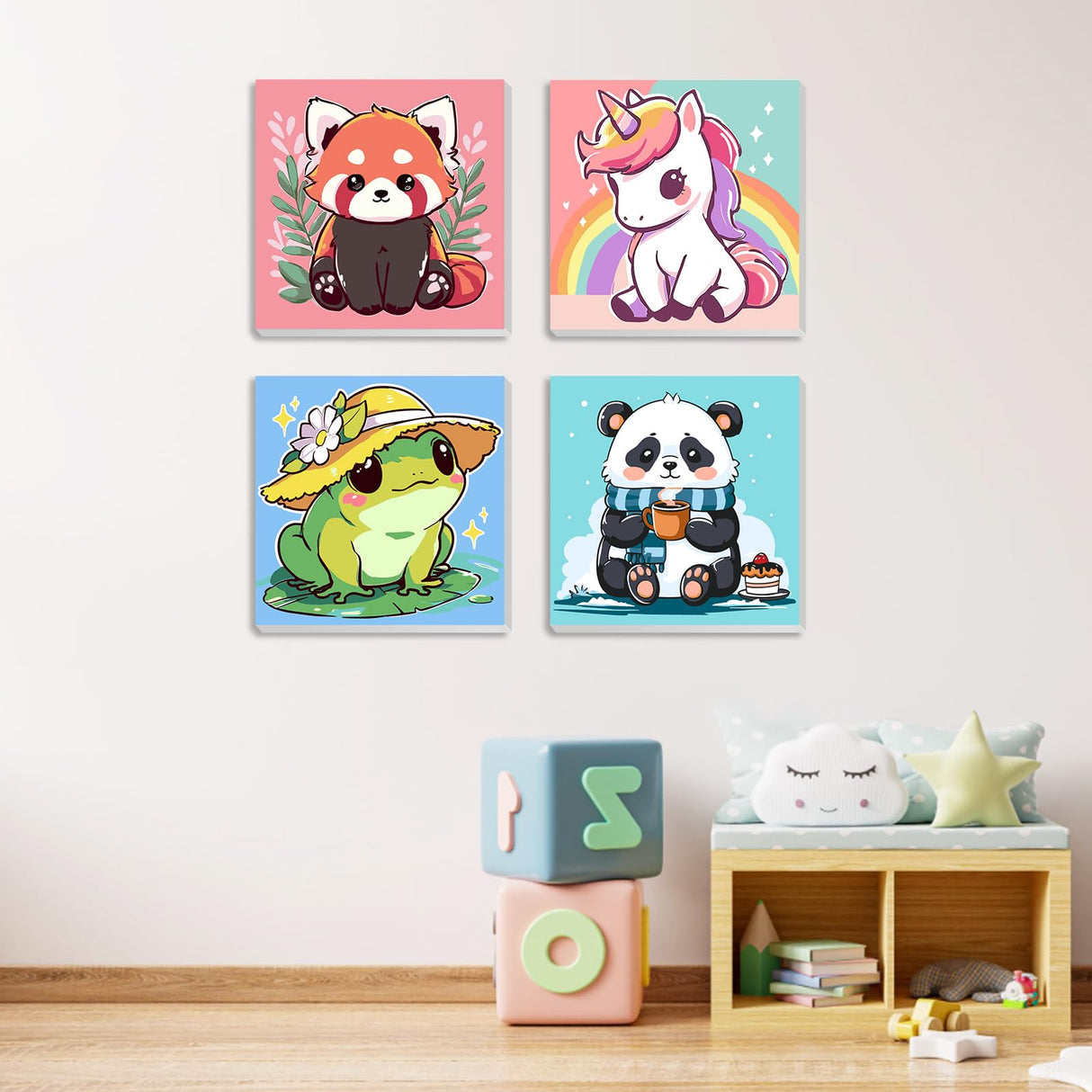 MXJSUA 4 Pack Cute Panda Bear Animal Paint by Numbers Kit with Framed Canvas for Ages 6-12 Kids, Paint by Numbers Kits for Children Beginners, Acrylic Oil Painting for Home Wall Decor Gift (8x8 inch) MXJSUA