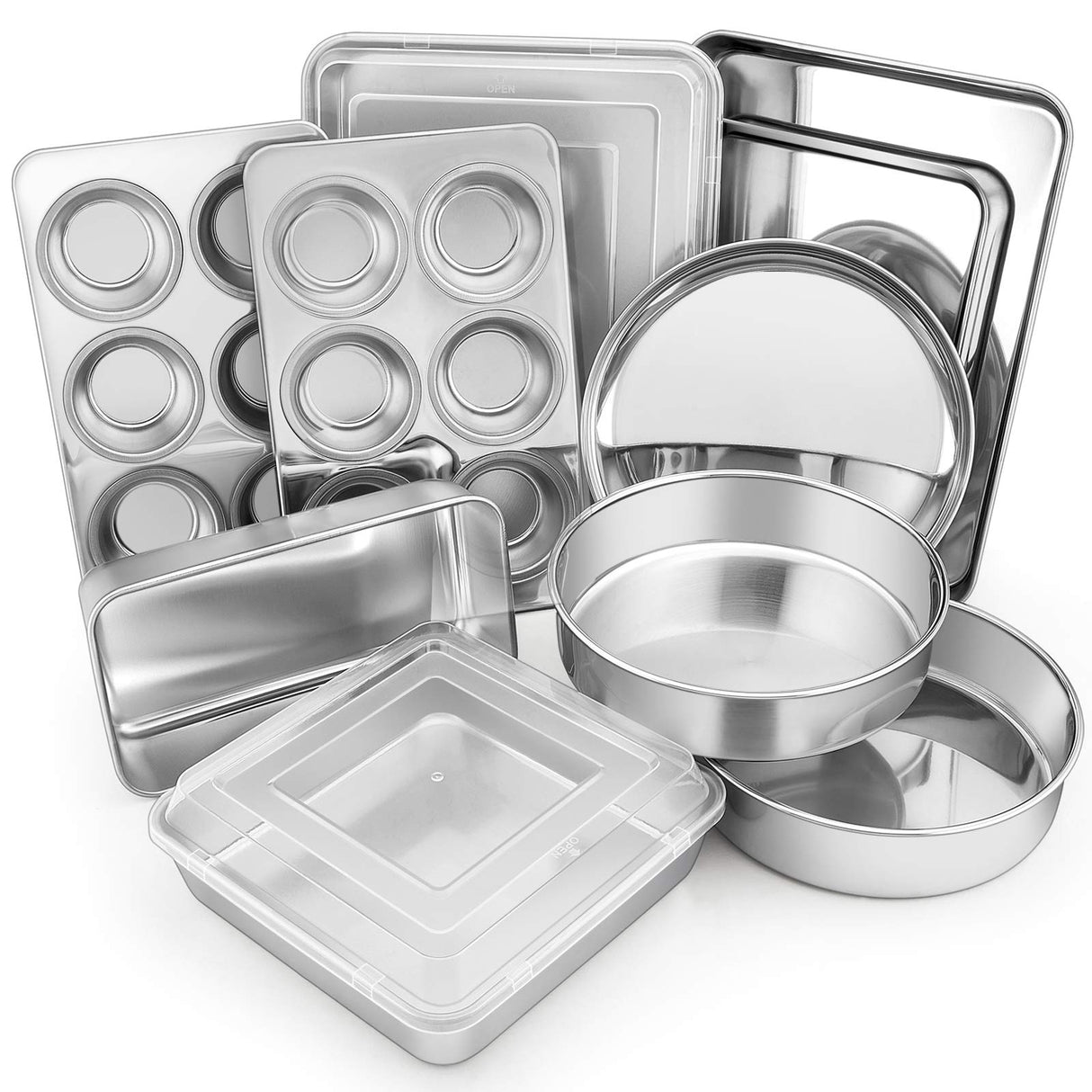 E-far 12-Piece Stainless Steel Bakeware Sets, Metal Baking Pan Set Include Round Cake Pans, Square/Rectangle Baking Pans with Lids, Cookie Sheet, Loaf/Muffin/Pizza Pan, Non-toxic & Dishwasher Safe E-far