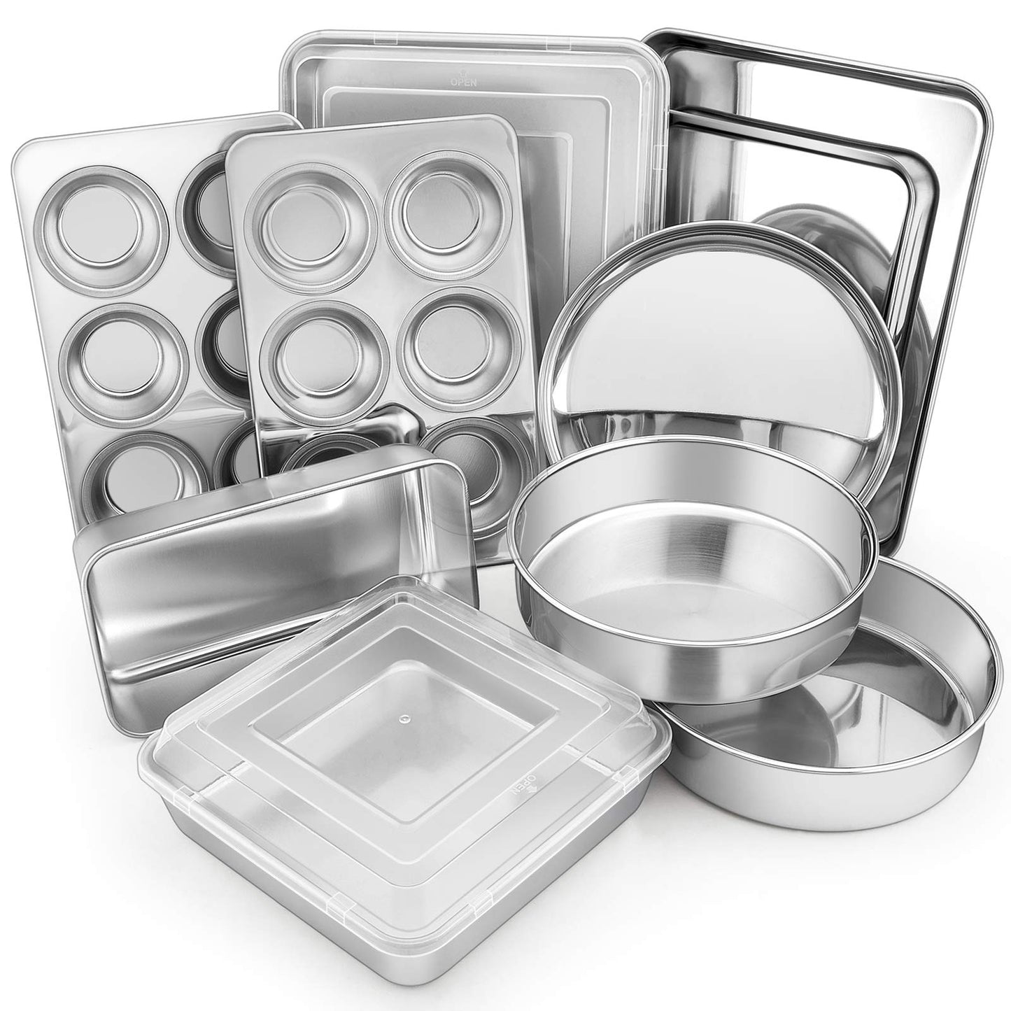 E-far 12-Piece Stainless Steel Bakeware Sets, Metal Baking Pan Set Include Round Cake Pans, Square/Rectangle Baking Pans with Lids, Cookie Sheet, Loaf/Muffin/Pizza Pan, Non-toxic & Dishwasher Safe