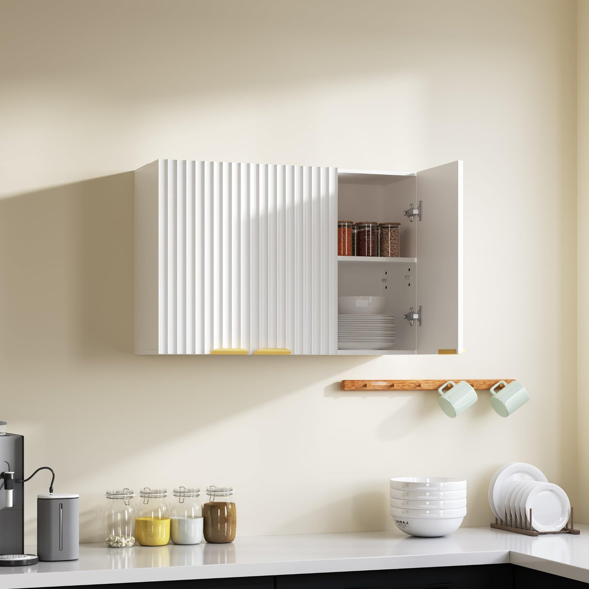 ChooChoo 3-Door Bathroom Wall Cabinet, Fluted Kitchen Wall Cabinet with Adjustable Shelf, Wall Mounted Storage Cupboard for Bathroom, Laundry Room, Entryway, Garage, White ChooChoo