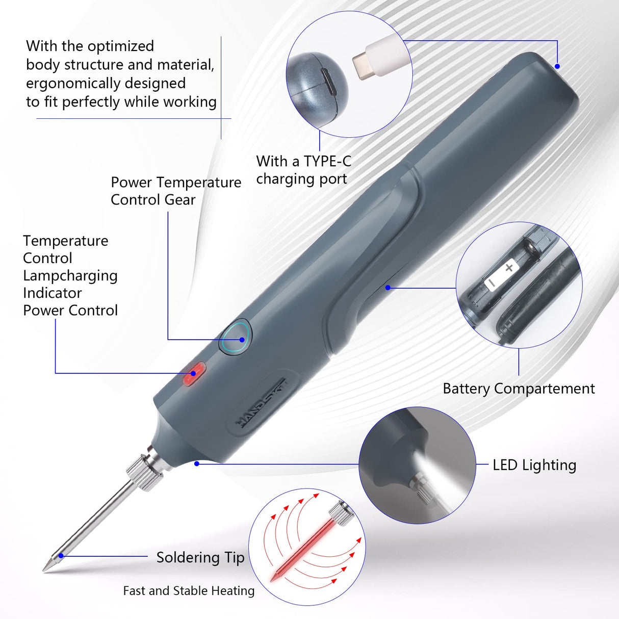 Cordless Soldering Iron 2600mAh with LED Light, 8W Welding Tools, Rechargeable Battery Soldering Iron Electric, Soldering Iron Kit with Adjustable Temp 300-450℃, Fast Heating, Portable Soldering Kit HANDSKIT