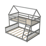 KOMFOTT Grey Twin Over Full House Bunk Bed with Integrated Ladder and Safety Guardrails KOMFOTT