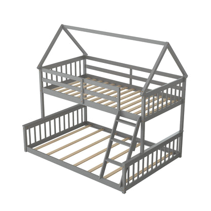 KOMFOTT Grey Twin Over Full House Bunk Bed with Integrated Ladder and Safety Guardrails - WoodArtSupply