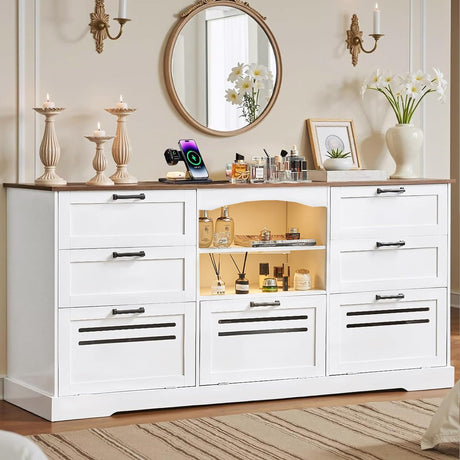 JanflyHome Wood Rustic Chest of Drawers, 63" Wide Vintage 7 Dresser, TV stand 70+ with Lights and Outlet, Farmhouse Drawers Dresser with 4 Drawers & 3 Cabinets for Bedroom, Living Room, Hallway, White JanflyHome