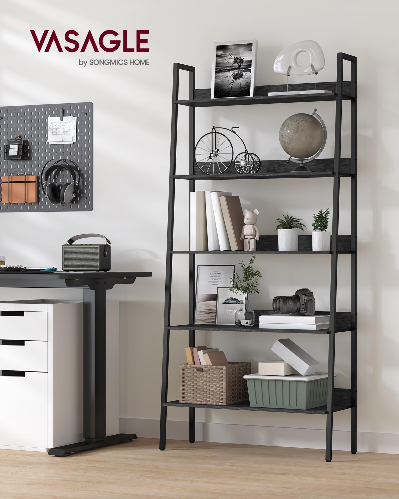 VASAGLE 5-Tier Ladder Shelf - Stylish Multi-Use Bookshelf in Ebony Black and Ink Black - WoodArtSupply