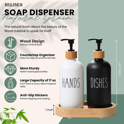 HULISEN Dish Soap Dispenser Set with Wood Tall Tray, Kitchen Soap Dispenser Set, Matte Hand and Dish Soap Dispenser Set for Modern/Boho/Farmhouse Kitchen Decor (Black & White)