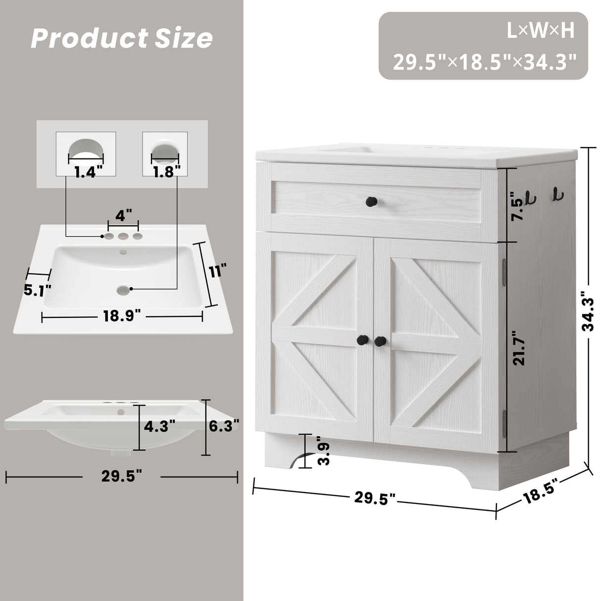 30 Inch Bathroom Vanity with Sink - Farmhouse Single Sink Cabinet, Adjustable Shelves & Ceramic Basin, Bathroom Sink Cabinet for Guest Baths Master Suites or Rental Units (White) ModernMate