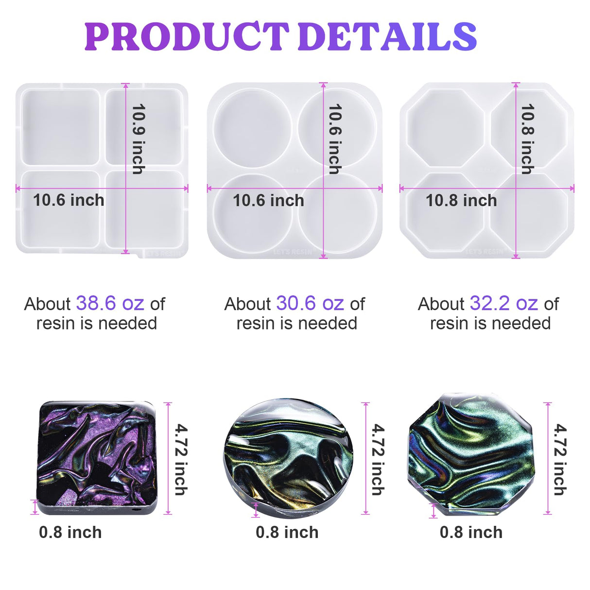 LET'S RESIN Upgraded Deeper & Larger Coaster Resin Molds, 12 Cavities Epoxy Resin Molds with 3 Pcs Round Square Octagon Shapes, Coaster Molds for Epoxy Resin, Cups Mats, DIY Craft, Bar Coaster LET'S RESIN