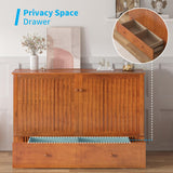 Mjkone Queen Size Murphy Bed Cabinet with Drawers and USB Charging Station, Wooden Versatile Wood Chest Cabinet Wall Bed with Tri-Fold Mattress, Modern Guest Beds for Bedroom Home Apartment - Cherry Mjkone