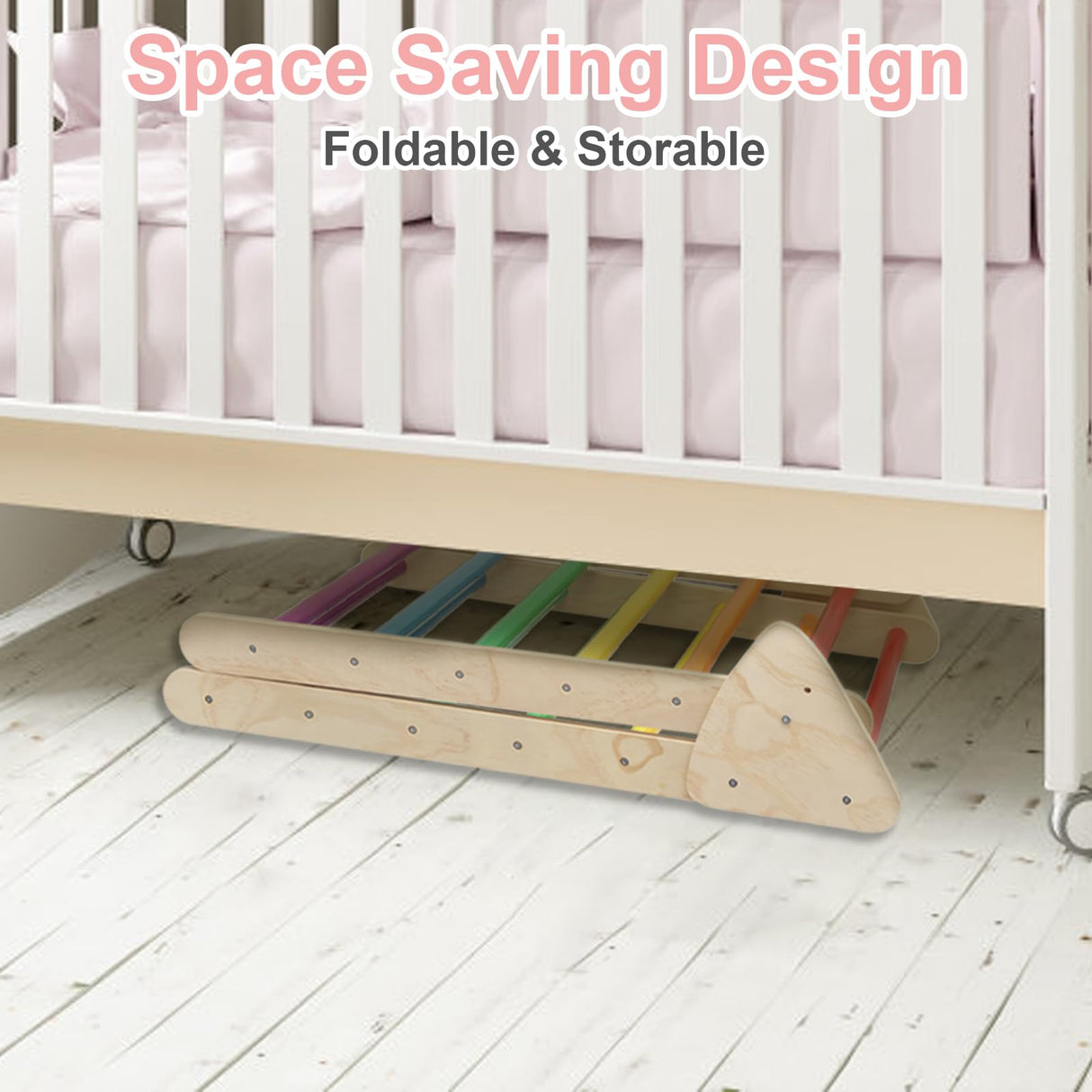 EDOSTORY 5 in 1 Pikler Triangle Set, Indoor Playground and Gym for Kids, Foldable Wooden Montessori Climbing Set Triangle Ladder Set with Slide and Climbing Ramp, Gift for Boys Girls(Rainbow) EDOSTORY