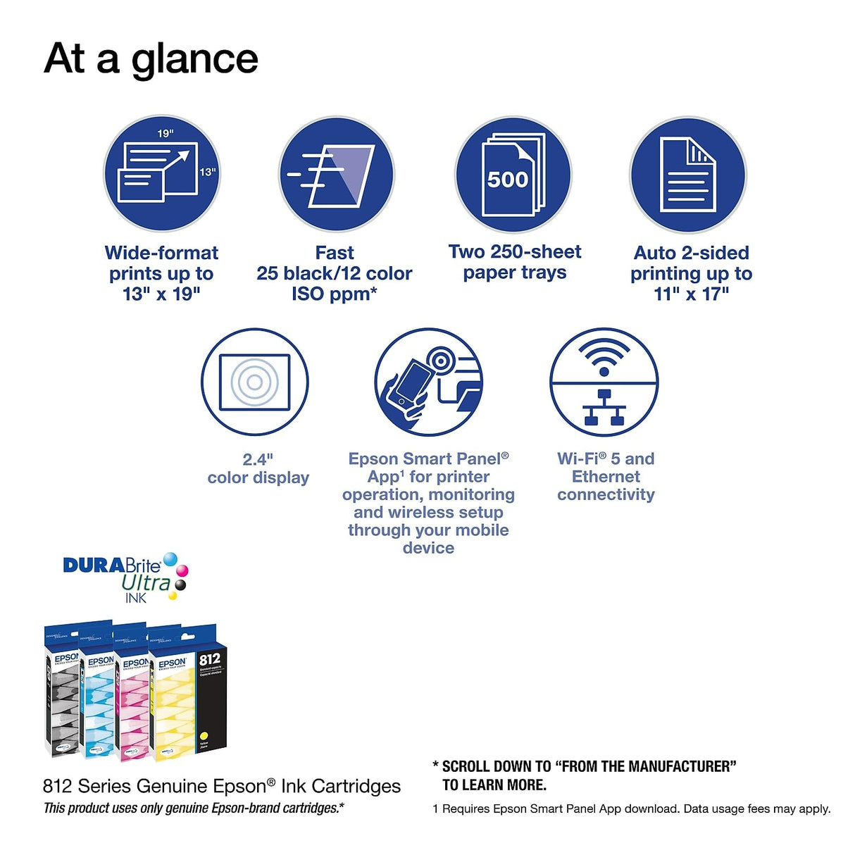Epson Workforce Pro WF-7310 Wireless Wide-Format Printer with Print up to 13" x 19", Auto 2-Sided Printing up to 11" x 17", 500-sheet Capacity, 2.4" Color Display, Smart Panel App, Medium,Black Epson