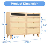 Yeyawomy Rattan Dresser for Bedroom with 8 Drawers, Wood Dresser with Charging Station & LED Lights, Boho Dressers & Chests of Drawers for Bedroom Yeyawomy