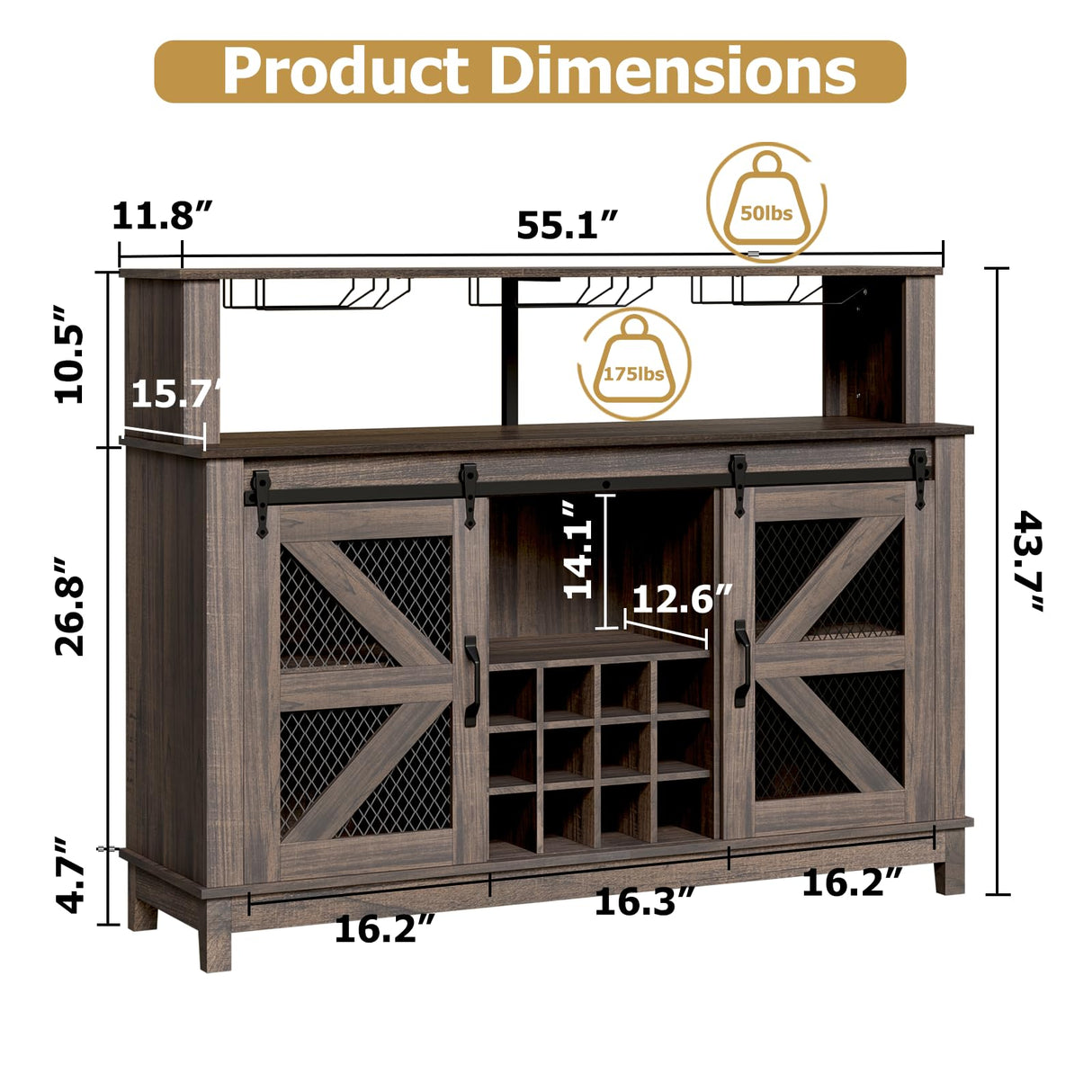 PUKAMI 55" Farmhouse Coffee Bar with LED Lights, Coffee Bar Cabinet with Storage and Hutch, Wine Bar with Sliding Barn Door & Wine and Glass Rack for Living Room, Kitchen (Brown) PUKAMI