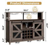 PUKAMI 55" Farmhouse Coffee Bar with LED Lights, Coffee Bar Cabinet with Storage and Hutch, Wine Bar with Sliding Barn Door & Wine and Glass Rack for Living Room, Kitchen (Brown) PUKAMI