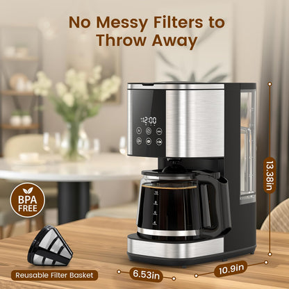 Electactic 10-Cup Drip Coffee Maker, 24-Hour Programmable Coffee Brewer, Touch Screen, Coffee Strength Control, Reusable Filter, Coffee Pot, Energy Saving Auto Shut Off