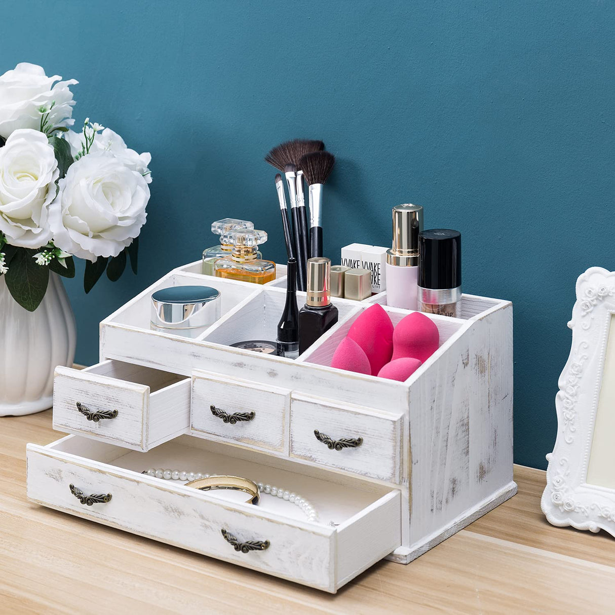 MyGift 7-Compartment Shabby Whitewashed Solid Wood Jewelry/Cosmetics Vanity Organizer Rack with 4 Vintage Storage Drawers MyGift