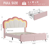 HOSTACK Full Upholstered LED Bed Frame with Storage Drawers, Cute Girls Bed with Adjustable Lotus Headboard, Velvet Princess Platform Bed Frame, Wooden Slats Support, No Box Spring Needed, Pink/Beige HOSTACK