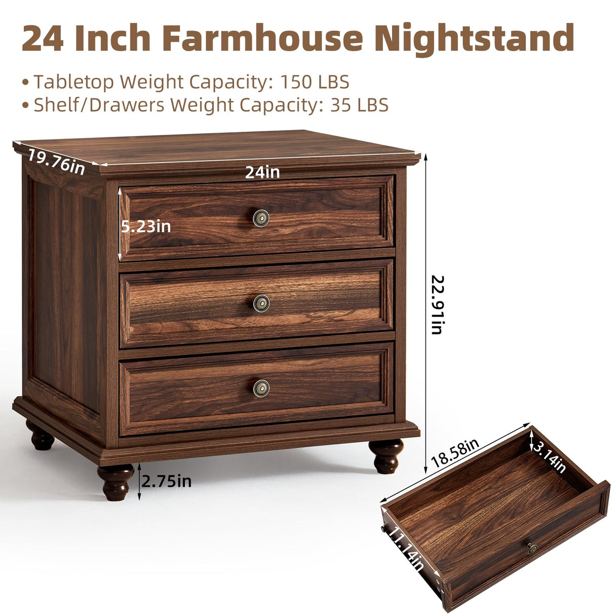 Joaxswe 24" Wide Farmhouse Night Stand Set of 2,Large End Table with 3 Drawers & Metal Handle,Brown Wood Dresser for Bedroom Cabinet, Bed Side Table Chest of Drawers,Nightstand for Living Room,Closet Joaxswe