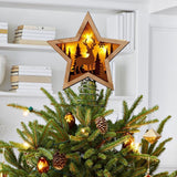 Treory Christmas Star Tree Topper, Rustic Reindeer Wooden Tree Toppers with Warm Lights, Battery Operated LED Christmas Tree Decorations, Christmas Tree Topper Star Lighted for Indoor Home Display Treory