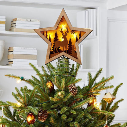 Treory Christmas Star Tree Topper, Rustic Reindeer Wooden Tree Toppers with Warm Lights, Battery Operated LED Christmas Tree Decorations, Christmas Tree Topper Star Lighted for Indoor Home Display