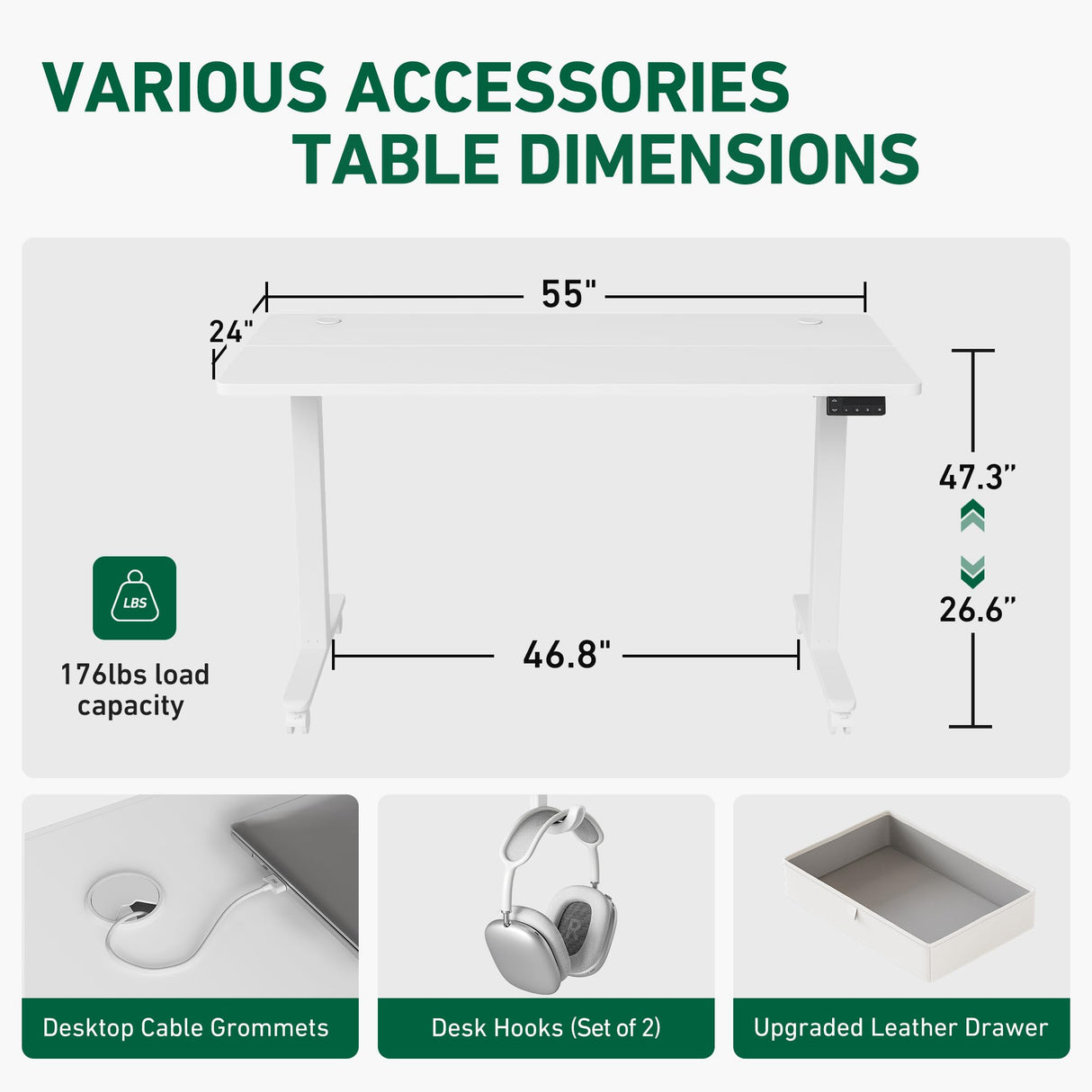 FEZIBO 55 x 24 Inches Standing Desk with Drawer, Adjustable Height Electric Stand up Desk with Storage, Sit Stand Home Office Desk, Ergonomic Computer Desk, White FEZIBO