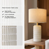 PoKat 23'' Bedside Table Lamp for Bedroom Nightstand - Ceramic Lamp for Living Room, White Night Stand Light Lamp with Round Linen Shade, Modern Bedroom Lamp Beige PoKat