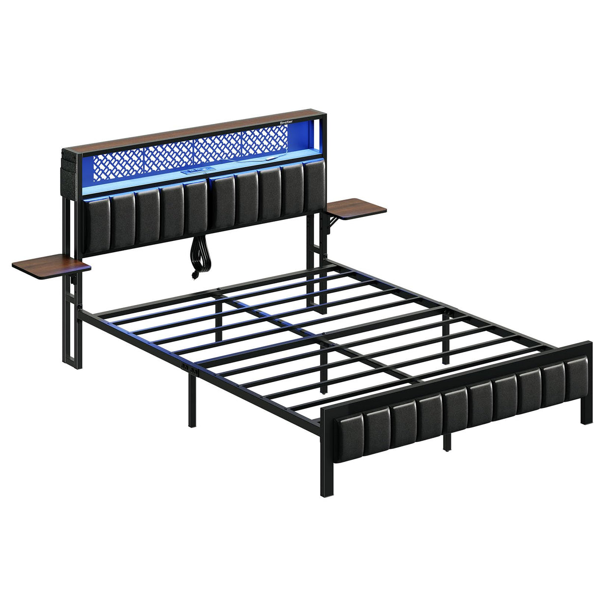 Bestier Queen Bed Frame with Upholstered Headboard, Charging Station & LED Lights - Walnut Bestier