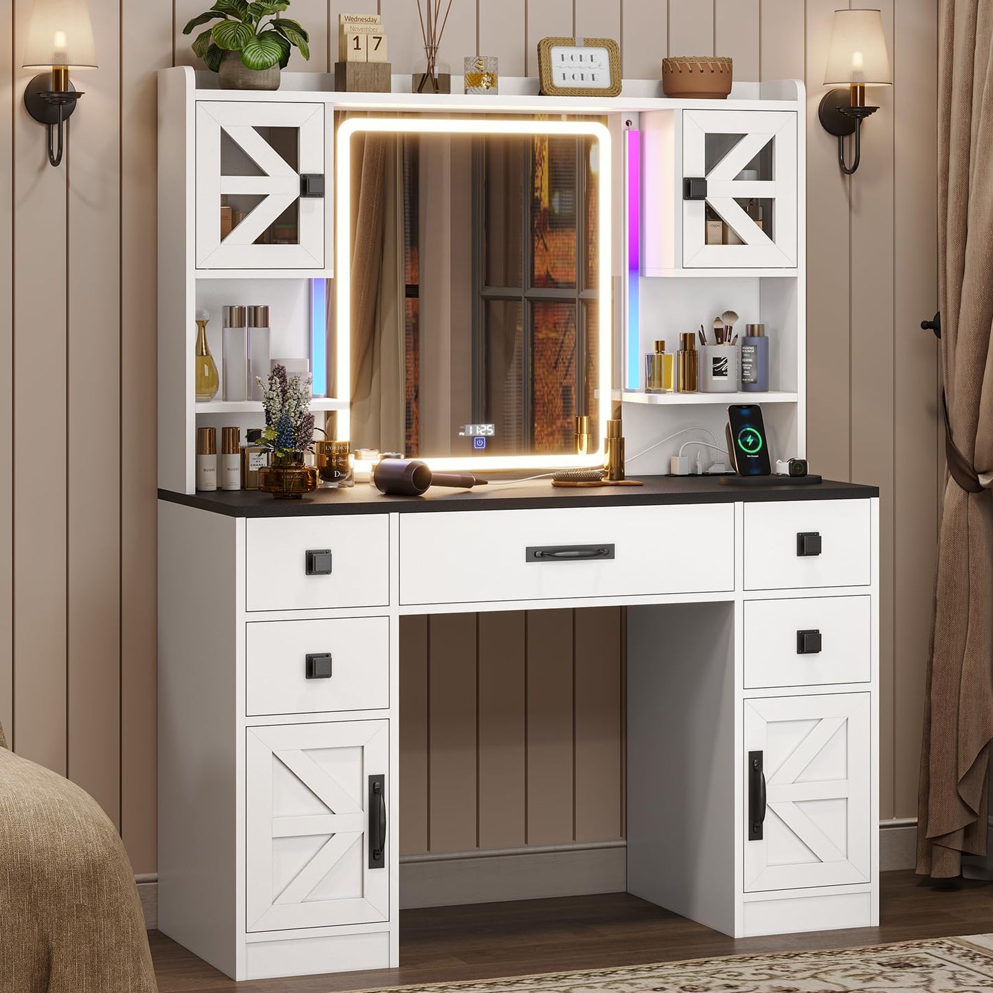 Tiptiper Farmhouse Vanity with Touch Screen Mirror & Time Display, Large Makeup Vanity with Charging Station, Vanity Desk with Mirror and RGB Lights, Makeup Desk with 5 Drawers, White & Black