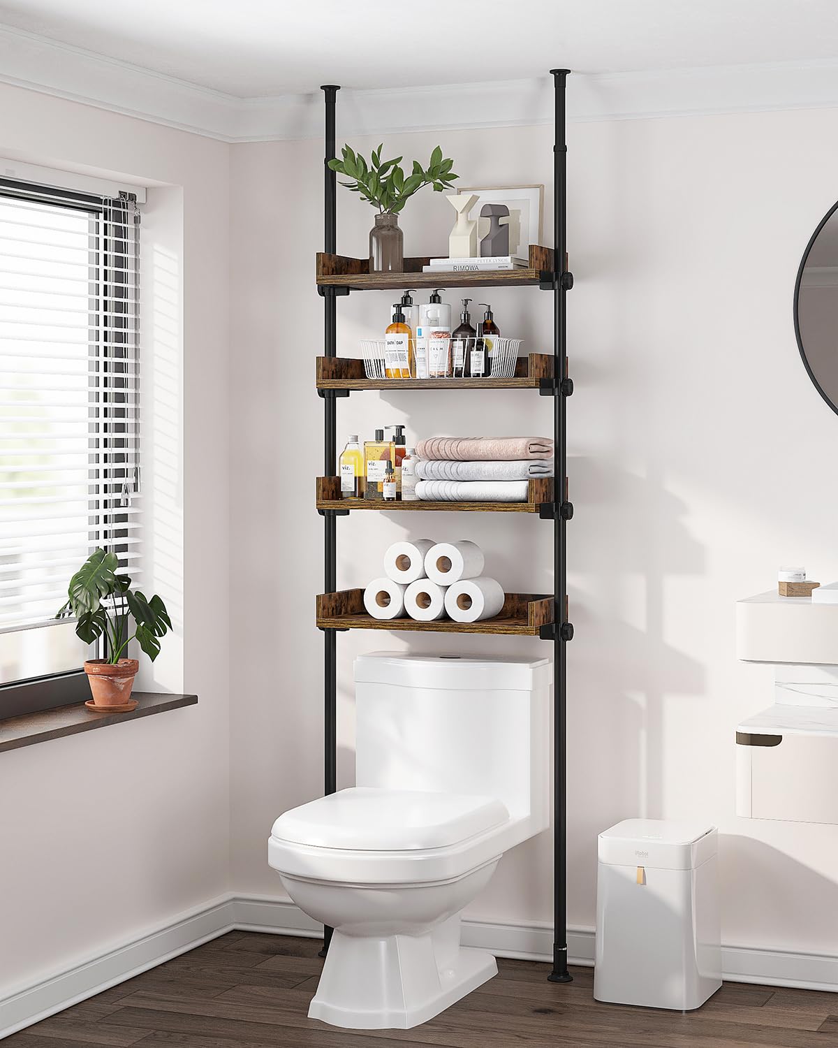 ALLZONE 4-Tier Adjustable Over-The-Toilet Storage Organizer in Rustic Brown for Small Bathrooms ALLZONE