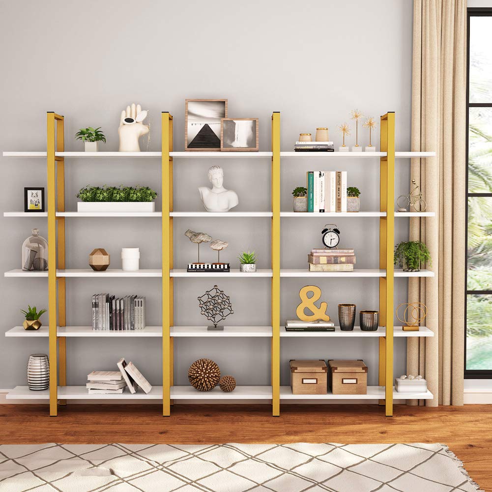 Tribesigns Vintage Industrial 5-Tier Bookshelf - Gold & White Etagere Bookcase 70" H x 47" L - WoodArtSupply