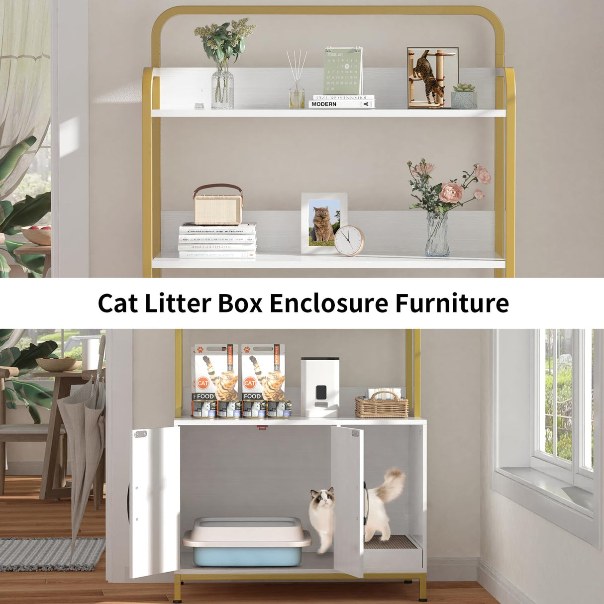 Easycom Cat Litter Box Enclosure Furniture with Shelves, Indoor Litter Box Furniture, Hidden Litter Box with Storage, Wooden Cat House with Cat Scratching Pad, Fit Most Cat Litter Box EasyCom