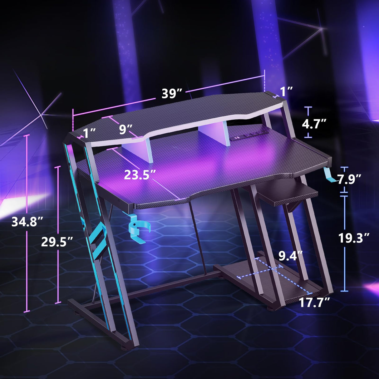 MOTPK Gaming Desk with Power Outlet & LED Lights, Gaming Computer Desk 39inch with PC Storage Shelf, Gaming Table with Carbon Fiber Texture, Gamer Desk, Gift for Boys Men, Black MOTPK