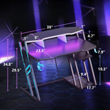 MOTPK Gaming Desk with Power Outlet & LED Lights, Gaming Computer Desk 39inch with PC Storage Shelf, Gaming Table with Carbon Fiber Texture, Gamer Desk, Gift for Boys Men, Black MOTPK