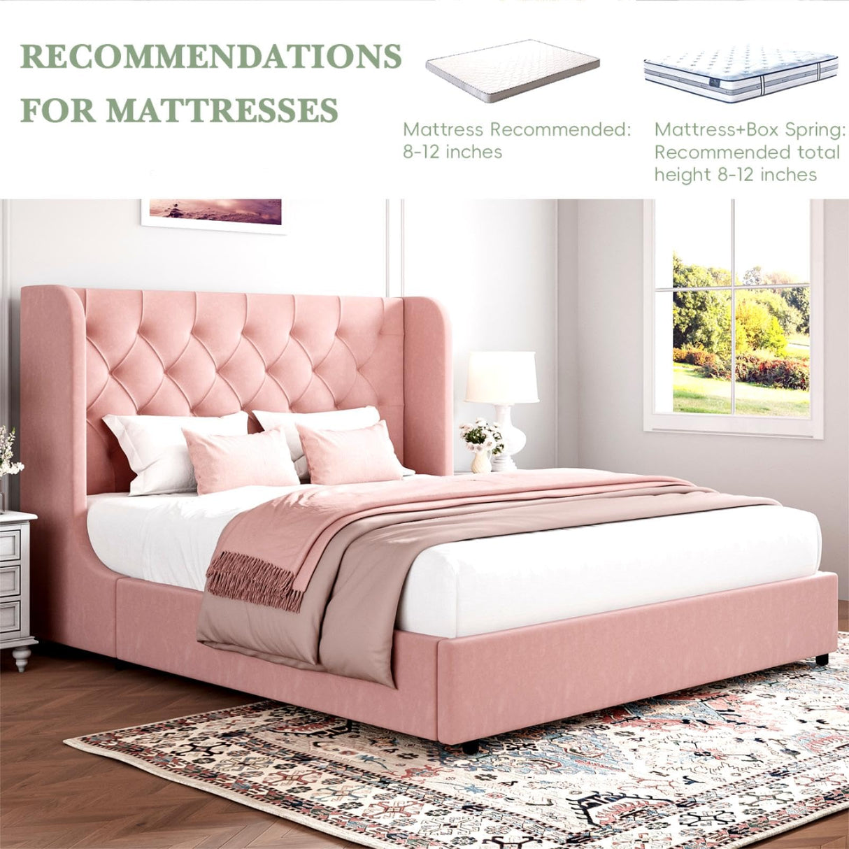 HOMBCK Queen Bed Frame, Upholstered Bed Frame with Headboard, Pink Queen Bed Frame, Wide Wingback, Soft Velvet Bed Frame, No Box Spring Needed, Noise Free, Easy Assembly, Pink HOMBCK