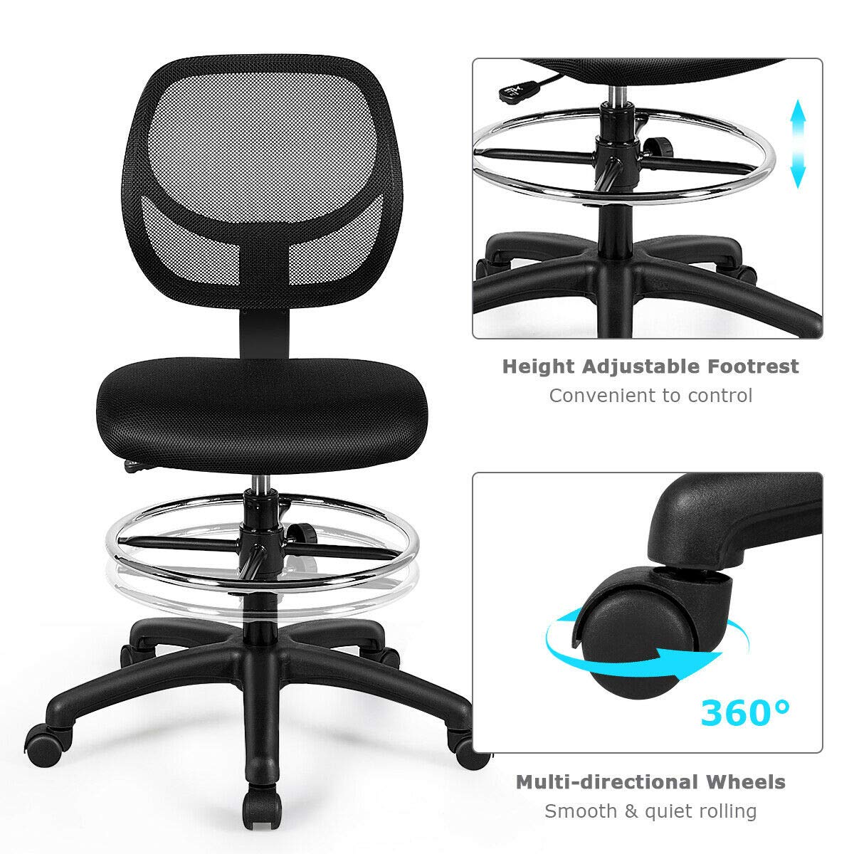 Giantex Mesh Drafting Chair, Standing Desk Chair w/Footrest Ring, Adjustable Height Chair Mid Back Tall Office Chair for Home Office, Black - WoodArtSupply