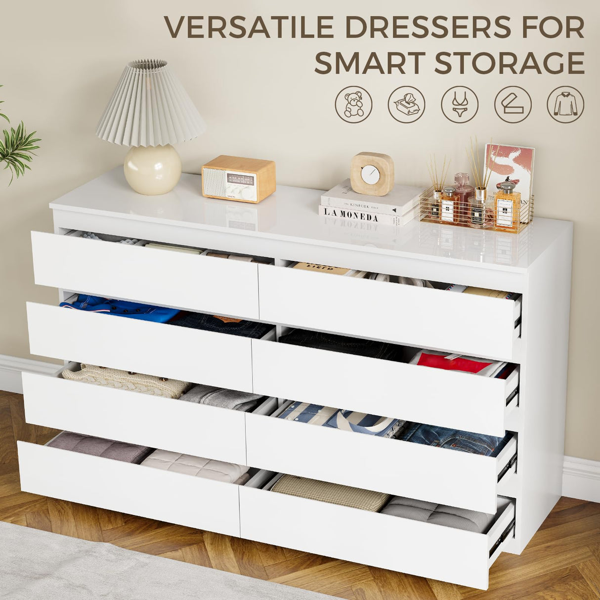 OtterOasis White 8 Drawer Dresser, Wood Dresser for Bedroom with Wide Drawers, 55" W x15.4 Dx32.3 H Modern Dressers, Wood Chest Drawers for Entryway|TV Stand|Clothes Storage OtterOasis