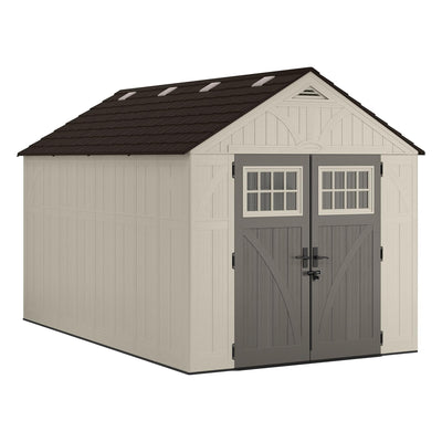 Suncast 8x13 Ft Resin Plastic Shed - Large Outdoor Shed with Floor Included, Lockable Double Doors & Skylights. 715 Cu Ft Tremont Outdoor Storage Sheds for Lawn Tools, Bikes, Riding Mowers, & Tractors