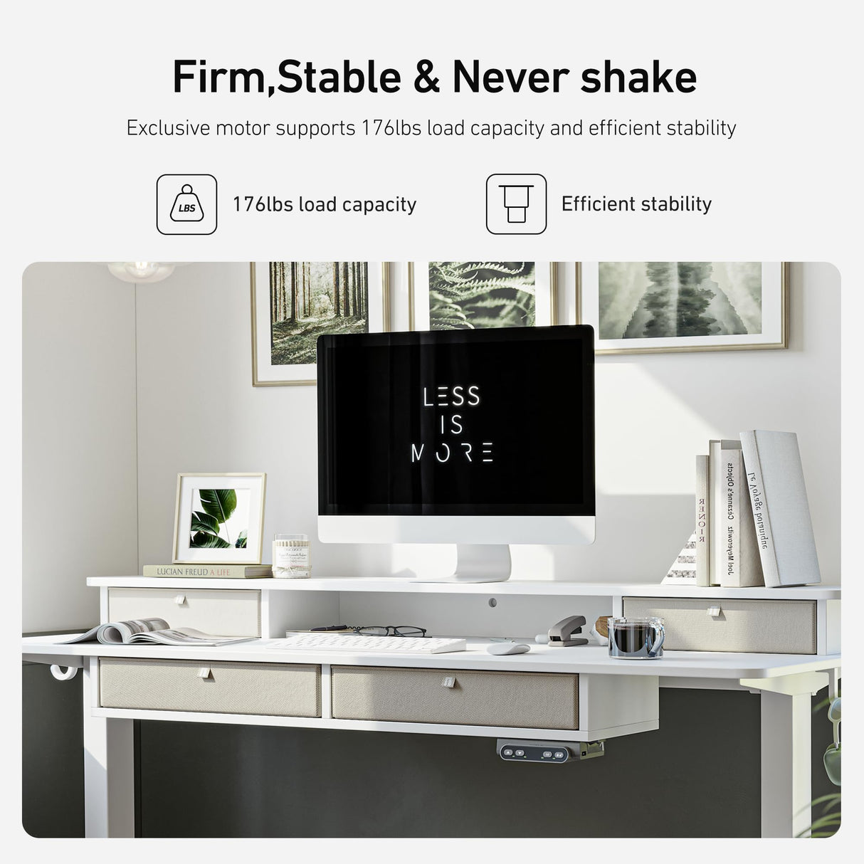 FEZIBO Sturdy Height Adjustable Electric Standing Desk with Drawers, 63 x 24 Inch Stand Up Table with Large Storage Shelf, Sit Stand Desk, White Top FEZIBO