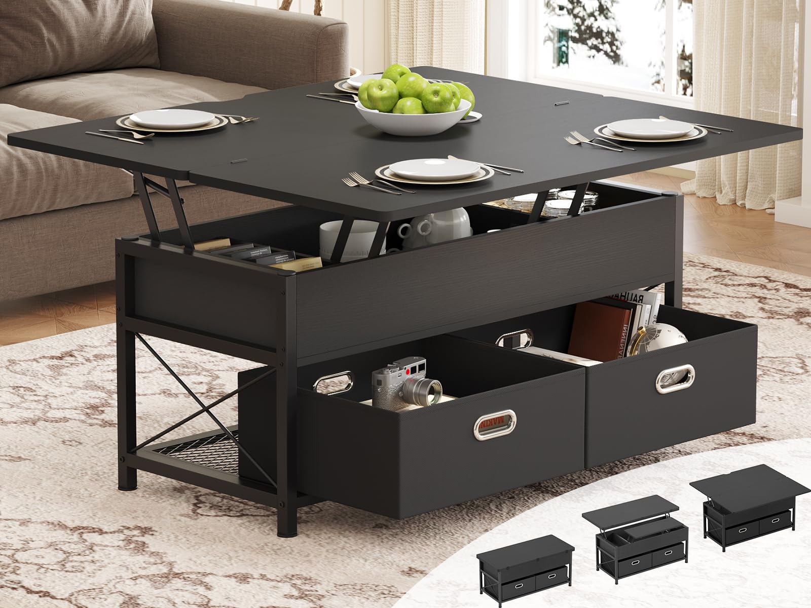 VIGKOOK Lift Top Coffee Table, 4 in 1 Multi-Function Dining Table with Hidden Compartment and 2 Drawers, Convertible Square Center Table for Living Room Reception Home Office (Black) - WoodArtSupply