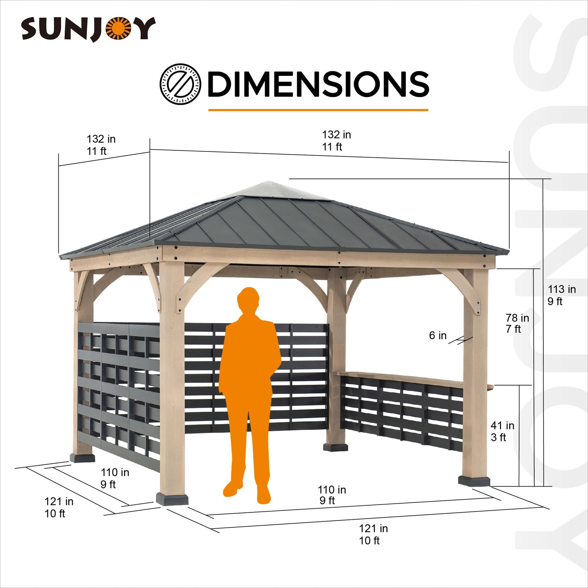 Sunjoy 11 x 11 ft. Hardtop Gazebo Cedar Wood Framed Hot Tub Gazebo with Steel and Polycarbonate Hardtop and bar Shelf, Matte Black by SummerCove - WoodArtSupply