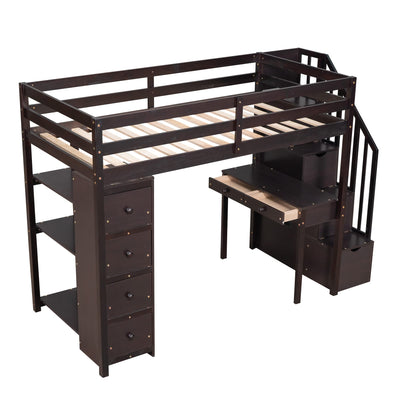 CITYLIGHT Espresso Twin Size Loft Bed with Desk, Storage Staircase, and Drawers